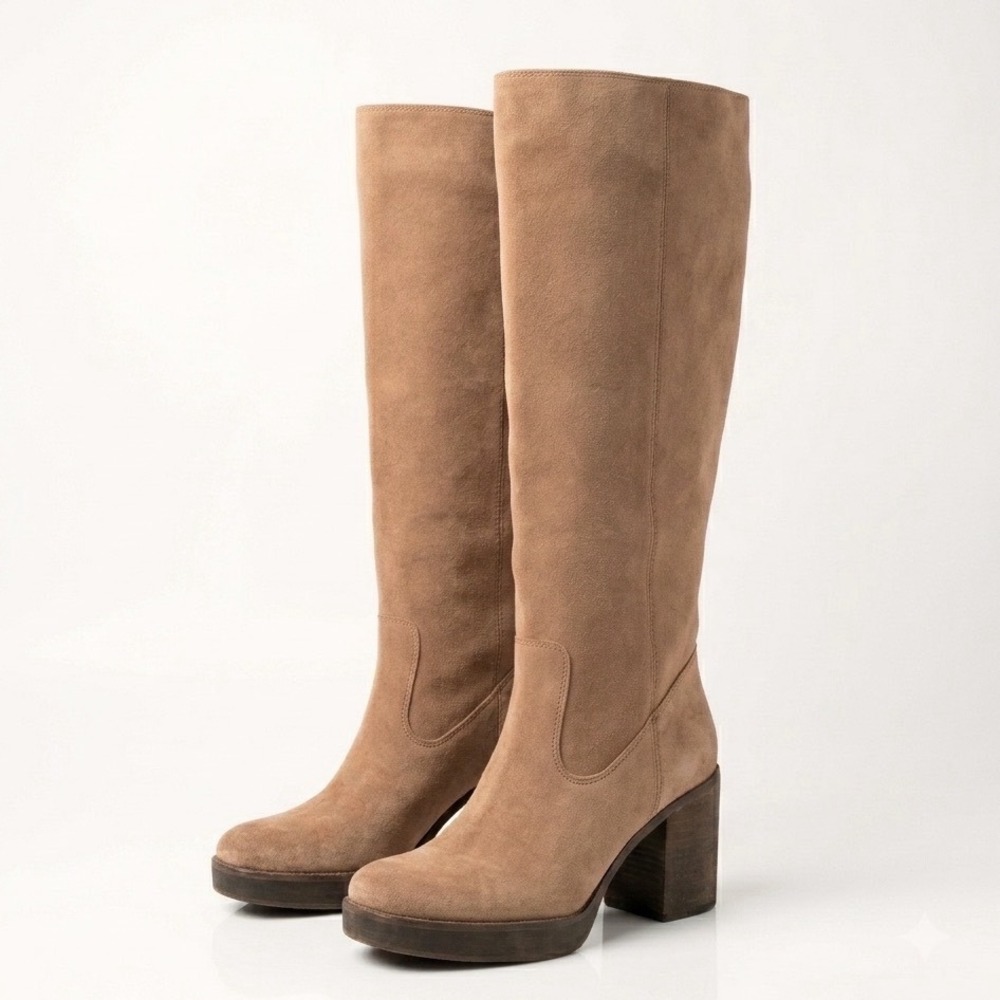 Zodiac Tan Suede Knee High Square‎ Toe Platform Block Heel Boots Womens 11